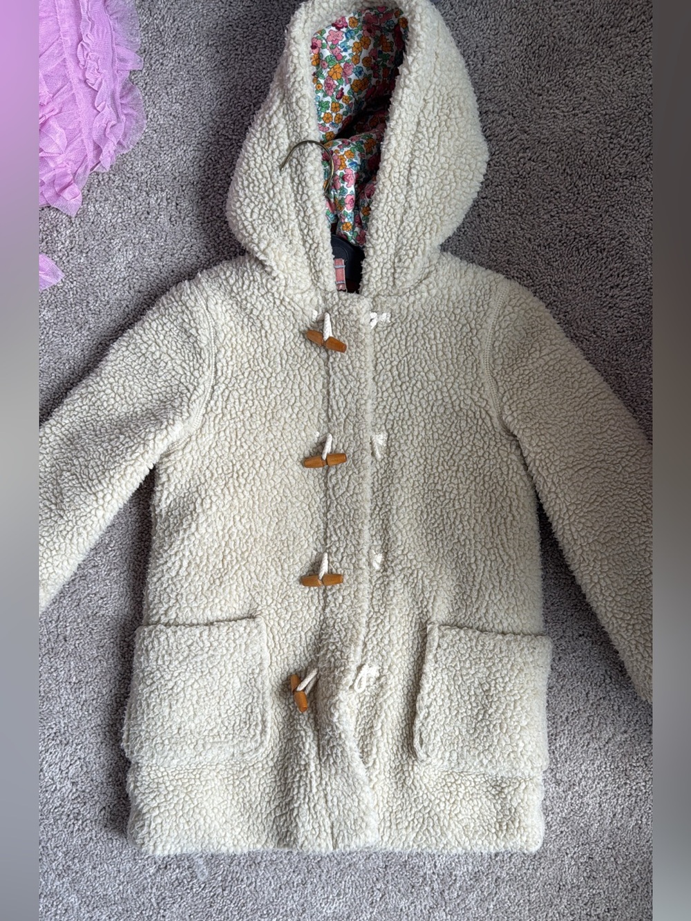 Mini Boden 8/9 Kids Cream Sherpa Hooded Toggle Coat